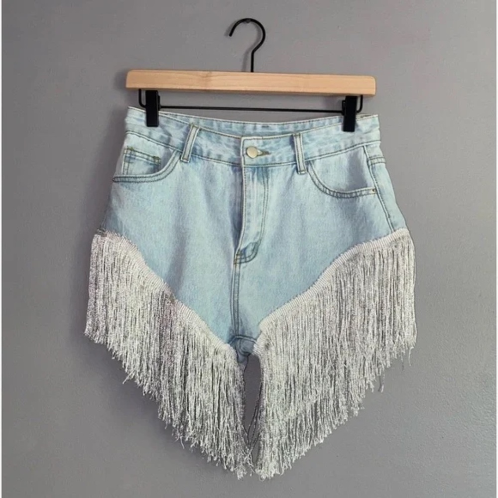 Faded Denim Silver Sparkle Fringe Shorts petite Med